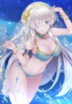  1girl anastasia_(fate/grand_order) bangs bikini blue_bikini blue_eyes blush bracelet breasts choker cleavage emanon123 fate/grand_order fate_(series) hair_over_one_eye hairband highres jewelry large_breasts long_hair looking_at_viewer navel silver_hair solo swimsuit thighs veil very_long_hair water 