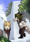  2015 anthro canid canine canis clothing cloud cub day domestic_cat duo felid feline felis furiorid harvic male mammal outside school_uniform sky stairs umani uniform walls wolf young 