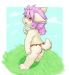  2017 4_fingers 4_toes ambiguous_gender anthro barefoot border butt canid canine canis child clothed clothing confusion cub cute_fangs day domestic_dog fangs fingers fundoshi fur furgonomics gesture grass hair hi_res japanese_clothing kemono looking_at_viewer looking_back mammal norphen open_mouth outside pink_nose pink_tongue pointing pointing_at_self ponytail purple_hair red_eyes sky solo standing teeth toes tongue topless underwear white_border white_fur young 