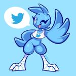  1:1 anthro avian beak bird blue_background blue_eyes blue_feathers bottomless breasts clothed clothing digital_media_(artwork) feathers featureless_crotch female gesture looking_at_viewer loulouvz one_eye_closed open_mouth open_smile pictographics shirt simple_background smile topwear tweetfur twitter waving wink 
