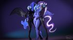  16:9 3d_(artwork) 4k absurd_res anthro anthrofied armor big_breasts black_fur blue_eyes blue_hair breast_size_difference breasts cosmic_hair crossed_arms crown cutie_mark digital_media_(artwork) equid ethereal_hair fangs female female/female friendship_is_magic fur green_eyes hair hand_on_hip headgear helmet hi_res horn idw_publishing licking looking_at_viewer mammal multicolored_hair my_little_pony my_little_pony_(idw) nightmare_moon_(mlp) nightmare_rarity_(idw) nipples nude open_mouth princess_luna_(mlp) pseudo_hair pussy simple_background slit_pupils smile source_filmmaker tongue tongue_out two_tone_hair unicorn whiteskyline winged_unicorn wings 