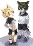  2016 ambiguous_gender anthro blue_eyes bottomwear brown_eyes canid canine clothing cub duo felid footwear furiorid harvic looking_at_viewer looking_back mammal school_uniform shoes shorts umani uniform young 