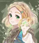  1girl blonde_hair blush braid brown_cape cape closed_mouth colored_eyelashes crown_braid emerald_(gemstone) forehead glowing green_eyes hair_ornament hairclip hand_up highres holding holding_gemstone hood hood_down hooded_cape long_sleeves looking_at_viewer pointy_ears princess_zelda short_hair shuri_(84k) sidelocks smile solo the_legend_of_zelda the_legend_of_zelda:_breath_of_the_wild the_legend_of_zelda:_breath_of_the_wild_2 thick_eyebrows twitter_username upper_body 