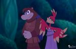  armor avian banjo-kazooie banjo_(banjo-kazooie) blue_eyes brown_fur cape clothing crossover disney dress duo feathers female fur green_eyes hercules_(disney) kazooie male mammal rareware red_feathers ursid video_games 