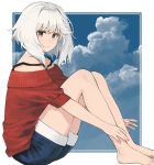  1girl bangs bare_shoulders barefoot blue_eyes blue_shorts blue_sky closed_mouth cloud cloudy_sky commentary_request day eyebrows_visible_through_hair hair_between_eyes highres knees_up looking_at_viewer looking_to_the_side off-shoulder_shirt off_shoulder original outstretched_arms red_shirt ryokucha_manma shirt short_shorts short_sleeves shorts sidelocks silver_hair sitting sky solo strap_slip 