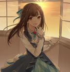  1girl :d bangs blue_bow blue_dress bow brown_eyes brown_hair chisumi cloud cloudy_sky collared_shirt commentary_request dress evening eyebrows_visible_through_hair fingernails floating_hair flower hair_bow hand_up highres idolmaster idolmaster_cinderella_girls idolmaster_cinderella_girls_starlight_stage index_finger_raised indoors long_hair long_sleeves looking_at_viewer mizumoto_yukari open_mouth open_window red_flower red_rose rose shirt sky smile solo striped vertical-striped_dress vertical_stripes very_long_hair white_shirt window 