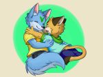  2017 4:3 4_fingers absurd_res anthro anthro_on_anthro biped black_fur black_nose blue_fur bottomwear canid canine canis claws clothed clothing cub duo eyes_closed felid fingers fully_clothed fur green_markings happy hi_res hoodie hug inner_ear_fluff interspecies kemono lion male male/male mammal markings multicolored_fur norphen open_mouth open_smile pantherine pants shirt smile teeth tongue topwear white_fur wolf yellow_fur young 