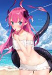  1girl arm_behind_back bangs bare_shoulders bikini blue_eyes blue_sky blush closed_mouth cloud cloudy_sky commentary_request curled_horns day dragon_girl dragon_horns dragon_tail elizabeth_bathory_(fate) elizabeth_bathory_(fate)_(all) eyebrows_visible_through_hair fate/extra fate/extra_ccc fate_(series) finger_to_mouth frilled_bikini frills hair_between_eyes hair_ribbon hand_up highres horizon horns idemitsu leaning_forward long_hair looking_at_viewer ocean outdoors pink_hair pointy_ears purple_ribbon ribbon sky solo swimsuit tail tail_raised two_side_up very_long_hair water white_bikini 