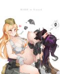  2girls absurdres ass blonde_hair blush boots breasts cleavage closed_mouth covered_nipples crop_top dog_tags front-tie_top futa_with_female futanari garrison_cap girls_frontline gloves guard_(girls_frontline) hat highres implied_futanari large_breasts licking_lips long_hair m2hb_(girls_frontline) multiple_girls nipples open_mouth orange_eyes ppkoly purple_hair sangvis_ferri sex spoken_skull stomach_bulge straddling tongue tongue_out twintails typo upright_straddle white_background 