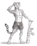  0laffson 2019 4_toes 5_fingers anthro barefoot cheetah clothed clothing digitigrade felid feline fingers fur gun hi_res holding_object holding_weapon male mammal ranged_weapon smile solo spots spotted_fur toes topless traditional_media_(artwork) weapon 
