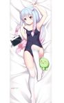  1girl absurdres arm_up armpits ass_visible_through_thighs bangs bare_shoulders bed_sheet blue_eyes blush bow breasts cameltoe collarbone commentary_request covered_navel dahe_zhuang_(yishi_fanhua) dakimakura eromanga_sensei eyebrows_visible_through_hair foot_out_of_frame hair_bow highres izumi_sagiri knee_up legs long_hair looking_at_viewer lying off_shoulder on_back one-piece_swimsuit pink_bow pulled_by_self ribbon school_swimsuit sheet_grab silver_hair small_breasts solo stuffed_toy stylus swimsuit swimsuit_pull tablet_pc thighhighs thighs white_legwear 