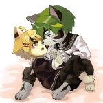  1:1 2014 ambiguous_gender anthro blue_eyes blush canid canine clothing cub duo felid furiorid hand_holding harvic hi_res mammal open_mouth romantic_couple tongue tongue_out umani young 