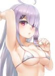  1girl :o ahoge arm_up armpits bare_arms bare_shoulders bikini breasts cleavage collarbone hair_ornament halter_top halterneck highres large_breasts lavender_hair long_hair looking_at_viewer marulire open_mouth red_eyes simple_background solo strap_pull swimsuit upper_body virtual_youtuber white_background white_bikini yumeno_shiori yumeno_shiori_channel 