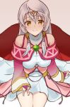  1girl bangs bare_shoulders breasts bridal_gauntlets cape circlet clenched_hand closed_mouth curly_hair dress fire_emblem fire_emblem:_radiant_dawn long_hair looking_at_viewer medium_breasts micaiah pink_background red_cape sandals shiny shiny_hair shiyo_yoyoyo shoes simple_background sitting smile solo turtleneck white_dress white_hair wide_sleeves yellow_eyes 