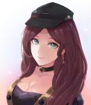  1girl blush breasts brown_hair choker cleavage dorothea_arnault earrings fire_emblem fire_emblem:_three_houses green_eyes hat highres jewelry leonmandala long_hair looking_at_viewer simple_background smile solo_focus uniform upper_body 