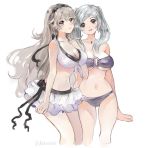  2girls akyuuwuu artist_name bandeau bangs bare_arms bare_shoulders bikini bikini_skirt black_hairband blush breasts brown_eyes cleavage closed_mouth collarbone corrin_(fire_emblem) corrin_(fire_emblem)_(female) cropped_legs feet_out_of_frame fire_emblem fire_emblem_awakening fire_emblem_fates fire_emblem_heroes front-tie_bikini front-tie_top hair_between_eyes hairband hand_on_own_chest head_tilt highres jewelry large_breasts long_hair multiple_girls navel necklace o-ring o-ring_bikini parted_lips pointy_ears red_eyes robin_(fire_emblem) robin_(fire_emblem)_(female) silver_hair simple_background skirt standing stomach strapless strapless_bikini swimsuit thighs twintails twitter_username very_long_hair white_background white_bikini white_skirt 
