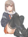  1girl :o ass black_choker black_footwear black_jacket black_legwear blush boots brown_hair choker hair_ornament hairclip hand_in_pocket highres hood hood_down hooded_jacket jacket knees_up long_hair looking_at_viewer marulire miniskirt morinaga_miu morinaga_miu_channel orange_eyes orange_skirt parted_lips simple_background sitting skirt solo thighhighs virtual_youtuber white_background 