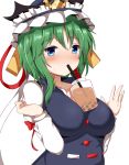  1girl asymmetrical_hair bangs between_breasts blue_eyes blue_vest blush breast_squeeze breasts bubble_tea bubble_tea_challenge buttons commentary_request cup curled_fingers drinking drinking_straw drinking_straw_in_mouth eyebrows_visible_through_hair eyelashes frilled_hat frills green_hair guard_bento_atsushi hair_between_eyes hat hat_ribbon highres juliet_sleeves large_breasts long_sleeves looking_at_viewer puffy_sleeves red_ribbon ribbon ribbon-trimmed_sleeves ribbon-trimmed_vest ribbon_trim shiki_eiki shirt simple_background solo sweat touhou turtleneck upper_body vest white_background white_ribbon white_shirt yellow_ribbon 