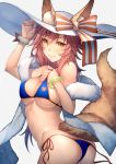  1girl animal_ears ass bangs banned_artist bare_shoulders bikini blue_bikini blush bracelet breasts cleavage closed_mouth collarbone fate/grand_order fate_(series) fox_ears fox_girl fox_tail hair_between_eyes hat jewelry kyoeiki large_breasts long_hair looking_at_viewer navel pink_hair simple_background smile solo sun_hat swimsuit tail tamamo_(fate)_(all) tamamo_no_mae_(swimsuit_lancer)_(fate) thighs white_background yellow_eyes 
