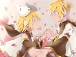  1boy 1girl arm_warmers black_collar blonde_hair blue_eyes blurry_foreground blush bow closed_eyes collar commentary flower hair_bow hair_ornament hairclip headphones heart heart_background holding_hands kagamine_len kagamine_rin looking_at_another necktie open_mouth petals sailor_collar school_uniform shirt short_hair short_ponytail short_sleeves siblings smile tasi_y twins vocaloid white_bow white_shirt yellow_neckwear 