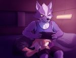  2019 anthro bed bottomwear canid canine canis claws clothed clothing digital_media_(artwork) duo eyes_closed fox fox_mccloud fur grey_fur habiyeru hi_res lying male mammal nintendo nintendo_switch sleeping star_fox video_games wolf_o&#039;donnell 