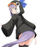  1girl aikawa_ryou animal_costume bangs black_legwear blue_eyes blush commentary_request eyebrows_visible_through_hair fate/grand_order fate_(series) from_behind hair_ribbon heart highres kneehighs long_hair looking_at_viewer meltryllis penguin_costume purple_hair ribbon simple_background sleeves_past_fingers sleeves_past_wrists solo very_long_hair white_background 
