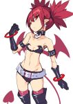  1girl bare_shoulders belt black_choker black_gloves black_legwear bracelet choker closed_mouth collarbone demon_tail demon_wings disgaea earrings etna flat_chest gloves jewelry makai_senki_disgaea navel nibansu pointy_ears red_eyes red_hair short_hair simple_background sketch skull_earrings solo tail thighhighs twintails white_background wings 