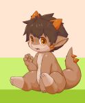  2018 4_fingers 4_toes anthro biped blush brown_hair brown_skin claws covering covering_crotch covering_self cub dragon fingers green_background hair hi_res horn kemono leg_markings looking_at_viewer male markings multicolored_skin norphen nude open_mouth orange_eyes orange_horn pink_tongue semi-anthro short_hair simple_background sitting slightly_chubby socks_(marking) solo spikes toes tongue two_tone_skin white_background white_skin young zeeta_(character) 