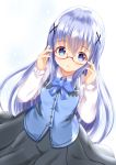  1girl bangs bespectacled black_skirt blue_bow blue_eyes blue_hair blue_vest bow collared_shirt commentary_request eyebrows_visible_through_hair glasses gochuumon_wa_usagi_desu_ka? hair_between_eyes hair_ornament hands_up highres kafuu_chino long_hair long_sleeves pleated_skirt puffy_long_sleeves puffy_sleeves rabbit_house_uniform red-framed_eyewear semi-rimless_eyewear shirt simple_background skirt sleeves_past_wrists solo under-rim_eyewear uniform very_long_hair vest water white_background white_shirt x_hair_ornament zenon_(for_achieve) 