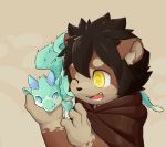  2018 4_fingers ambiguous_gender anthro black_hair black_nose blue_eyes blue_fur blue_horn blush brown_fur carrying cloak clothed clothing cub dragon duo felid feral fingers fur fur_markings furred_dragon gloves_(marking) hair hand_on_face happy hi_res horn inner_ear_fluff kemono larger_male leg_markings lion looking_at_another male mammal markings multicolored_fur norphen nude on_shoulder one_eye_closed open_mouth open_smile pantherine pet pink_tongue short_hair simple_background size_difference smaller_ambiguous smile socks_(marking) tail_tuft tan_background teeth tongue tuft two_tone_fur white_fur wings yellow_eyes young 