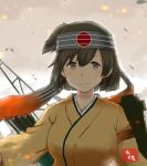  1girl arrow artist_name ashes black_border blush border bow_(weapon) breasts brown_hair embers eyebrows_visible_through_hair flight_deck gloves hachimaki hair_between_eyes headband hiryuu_(kantai_collection) japanese_clothes kantai_collection kimono large_breasts looking_at_viewer one_side_up outdoors partly_fingerless_gloves quiver radio_antenna shibafu_(glock23)_(style) short_hair side_ponytail smile solo sunset taisa_(kari) upper_body weapon yellow_kimono yugake 