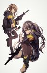  2girls armband bangs black_gloves black_jacket black_ribbon black_skirt boots brown_eyes brown_footwear brown_hair brown_legwear commentary_request dress_shirt eyebrows_visible_through_hair fingerless_gloves girls_frontline gloves grey_background gun h&amp;k_ump45 h&amp;k_ump9 hair_between_eyes hair_ornament hair_ribbon hairclip highres holding holding_gun holding_weapon homo_1121 hood hood_down hooded_jacket jacket long_hair long_sleeves multiple_girls object_namesake one_knee one_side_up pantyhose pleated_skirt puffy_long_sleeves puffy_sleeves ribbon shirt simple_background skirt standing standing_on_one_leg submachine_gun twintails ump45_(girls_frontline) ump9_(girls_frontline) very_long_hair weapon white_shirt 