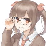  1girl :d black-framed_eyewear brown_hair brown_sweater collared_shirt glasses grin hair_ornament hand_on_eyewear hand_up highres long_hair long_sleeves looking_at_viewer marulire morinaga_miu morinaga_miu_channel necktie open_mouth orange_eyes shirt simple_background smile solo sweater twintails undershirt upper_body virtual_youtuber white_background white_shirt 