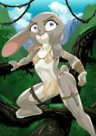  2019 akiric anthro blue_sky breasts clothed clothing cloud detailed_background disney female hi_res jewelry judy_hopps jungle knife lagomorph leporid loincloth looking_at_viewer mammal necklace nipple_outline outside purple_eyes rabbit skimpy sky small_breasts solo tooth_necklace torn_clothing tree vines waterfall wraps wrist_wraps zootopia 