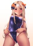  1girl abigail_williams_(fate/grand_order) bandaid_on_forehead bangs bare_shoulders black_bow blue_swimsuit blush bow breasts closed_mouth collarbone crossed_bandaids fate/grand_order fate_(series) forehead hair_bow highres kuro_yanagi licking_lips long_hair looking_at_viewer one-piece_swimsuit orange_bow parted_bangs red_eyes simple_background small_breasts smile solo swimsuit swimsuit_pull tan tanline thighs tongue tongue_out very_long_hair wet white_background 