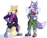 2019 anthro bottomwear canid canine canis claws clothed clothing digital_media_(artwork) duo fox fox_mccloud fur grey_fur habiyeru hi_res jacket male male/male mammal nintendo pants simple_background standing star_fox super_smash_bros. super_smash_bros._ultimate topwear video_games wolf wolf_o&#039;donnell 