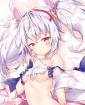  1girl azur_lane blush breasts collarbone commentary_request eyebrows_visible_through_hair hair_between_eyes hair_ornament hairband laffey_(azur_lane) looking_at_viewer purple_hair red_eyes riichu shirt shirt_lift sidelocks small_breasts solo two_side_up upper_body white_shirt 