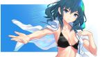  1girl bikini blue_eyes blue_hair blush breasts byleth_(fire_emblem) byleth_(fire_emblem)_(female) dolling60883582 dollinger fire_emblem fire_emblem:_three_houses hair_ornament highres long_hair looking_at_viewer navel short_hair simple_background smile solo swimsuit upper_body 