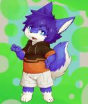  2017 4_fingers 4_toes abstract_background annoyed anthro barefoot biped black_nose blue_eyes bottomwear canid canine claws clothed clothing cub fingers fluffy fluffy_tail fox fully_clothed fur fur_markings hair hand_on_hip hi_res hoodie inner_ear_fluff kemono leg_markings looking_at_viewer male mammal markings multicolored_fur norphen open_mouth pink_tongue pose purple_fur purple_hair short_hair shorts socks_(marking) solo standing teeth toes tongue topwear two_tone_fur white_fur young 