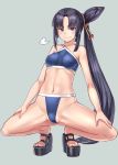  1girl bangs bikini black_hair blue_background blue_bikini blue_eyes blush bosshi breasts covered_nipples eyebrows_visible_through_hair eyeliner fate/grand_order fate_(series) full_body groin hair_ornament highres long_hair looking_at_viewer makeup navel sandals side_ponytail simple_background solo spread_legs squatting swimsuit tiptoes ushiwakamaru_(fate/grand_order) ushiwakamaru_(swimsuit_assassin)_(fate) very_long_hair 