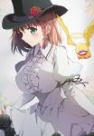  1girl braid breasts brown_hair charlotte_corday_(fate/grand_order) dress fate/grand_order fate_(series) flower green_eyes halo hat hat_flower juliet_sleeves large_breasts long_sleeves puffy_sleeves smile tsuedzu white_dress wings 