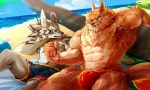  abs absurd_res armpit_hair aroused beach blush bottomwear bulge canid canine canis clothed clothing duo erection erection_under_clothing flexing food fruit hi_res jackal jewelry male mammal melon muscular muscular_male necklace palm_tree pecs plant puzzle_and_dragons seaside set_(puzzle_and_dragons) seth_(tas) shorts speedo swimwear tenting tokyo_afterschool_summoners topless tree video_games waddledox watermelon 