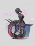  bedroom_eyes brewrisque butt eyelashes female half-closed_eyes hi_res looking_at_viewer nintendo pheromones pok&eacute;mon pok&eacute;mon_(species) pose raised_leg salazzle seductive simple_background smile solo video_games 