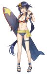  1girl :d bangs bikini black_hair blue_bikini_top blue_footwear blush collarbone eyebrows_visible_through_hair fang fingernails flower frilled_bikini_top frills full_body garchomp gen_4_pokemon hair_between_eyes hair_flower hair_ornament highres holding holding_surfboard long_hair low_ponytail mismatched_bikini open_mouth personification pokemon pokemon_(game) pokemon_dppt ponytail red_bikini_top sandals sidelocks simple_background smile solo somechime_(sometime1209) standing sunflower_hair_ornament surfboard swimsuit toenails two_side_up v v-shaped_eyebrows very_long_hair white_background white_nails yellow_flower 