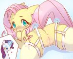  &lt;3 2019 5:4 anus blue_background blue_eyes blush bodily_fluids butt cleft_of_venus clothing cutie_mark drooling duo embarrassed equid equine eyelashes female female/female feral fluttershy_(mlp) friendship_is_magic fur garter_straps hair half-closed_eyes horn horse kirinit legwear long_hair looking_at_viewer looking_back lying magic mammal my_little_pony on_front open_mouth pink_hair plump_labia pony purple_hair pussy raised_tail rarity_(mlp) saliva simple_background smile stockings thigh_highs translucent translucent_clothing translucent_legwear unicorn white_fur yellow_fur 