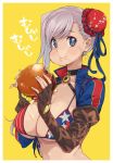  1girl :t american_flag_bikini asymmetrical_hair bikini blue_eyes breasts bun_cover choker cleavage commentary_request eating elbow_gloves fate/grand_order fate_(series) fingerless_gloves flag_print food food_on_face full_mouth gloves hair_bun hamburger highres holding holding_food imigimuru large_breasts looking_at_viewer miyamoto_musashi_(fate/grand_order) miyamoto_musashi_(swimsuit_berserker)_(fate) shrug_(clothing) simple_background solo swimsuit upper_body yellow_background 