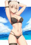  1girl ahoge arciealbano armband armpits arms_behind_head arms_up bangs bare_shoulders beach bikini black_bikini black_bow blonde_hair blue_sky blush bow breasts brown_eyes cleavage closed_mouth collarbone fate/grand_order fate_(series) hair_between_eyes hair_bow highres looking_at_viewer medium_breasts multi-strapped_bikini navel ocean okita_souji_(fate)_(all) okita_souji_(swimsuit_assassin)_(fate) short_hair sky smile solo swimsuit thigh_strap thighs 