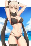  1girl ahoge arciealbano armband armpits arms_behind_head arms_up bangs bare_shoulders beach bikini black_bikini black_bow black_scarf blonde_hair blue_sky blush bow breasts brown_eyes cleavage closed_mouth fate/grand_order fate_(series) hair_between_eyes hair_bow highres looking_at_viewer medium_breasts multi-strapped_bikini navel ocean okita_souji_(fate)_(all) okita_souji_(swimsuit_assassin)_(fate) scarf short_hair sky smile solo swimsuit thigh_strap thighs 