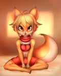  5_fingers 5_toes amber_eyes anthro biped blonde_hair bottomwear canid canine claws clothing digital_media_(artwork) eyelashes female fingers fluffy fluffy_tail fur hair hi_res kyodashiro long_tail looking_at_viewer mammal multicolored_fur open_mouth open_smile orange_ears orange_fur orange_tail short_hair shorts sitting smile solo tan_fur tan_tail toe_claws toes two_tone_fur two_tone_tail 