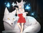  agnamore aliasing animal animal_ears barefoot breasts cleavage cropped fire forest fox foxgirl gray_hair japanese_clothes long_hair magic miko night nopan original red_eyes smoking tree 